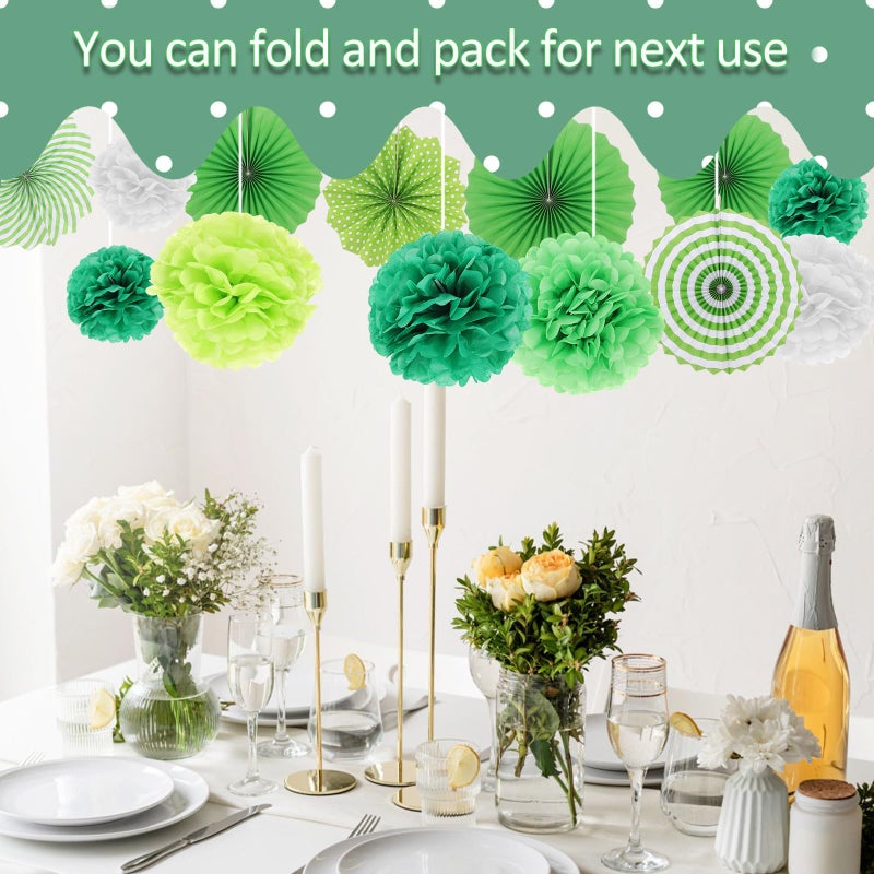 مجموعة مراوح ورقية خضراء وكرات زينة 14 قطعة ديكورات حفلات لأعياد الميلاد والزفاف - Image 4